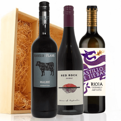 K & L Wines Online Gift Red Wine Gift Trio ~ Malbec, Shiraz and Rioja in Wooden Box ~ 3 x 750 ml Bottles