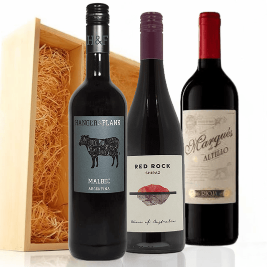 K & L Wines Online Gift Red Wine Gift Trio ~ Malbec, Shiraz and Rioja in Wooden Box ~ 3 x 750 ml Bottles